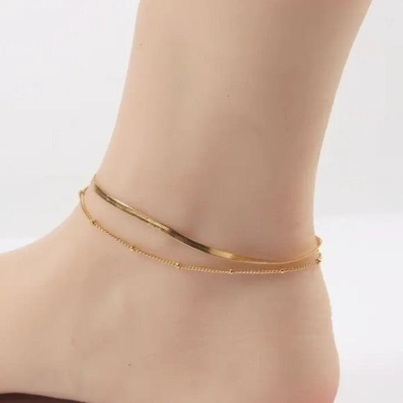 Anklet Gold Waterproof Double layer Anklet snake chain satellite chain Chain - Picture 10 of 12